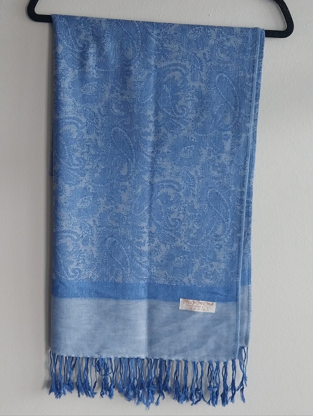Pashmina Blue Paisley Silk Blend Wrap Scarf with Fringe 70X27